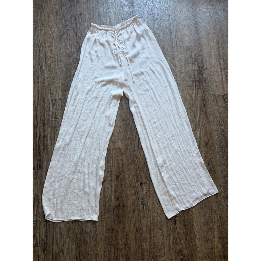 Forever 21 White Wide Leg Lace Up Front Linen Blend Boho Beach Pants Small